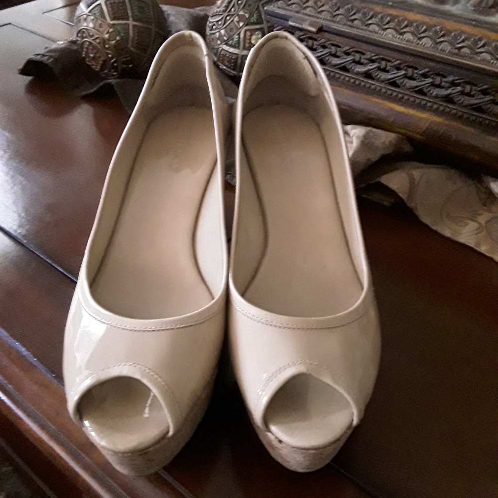 Jimmy Choo Purdey Nude Patent Leather Wedge